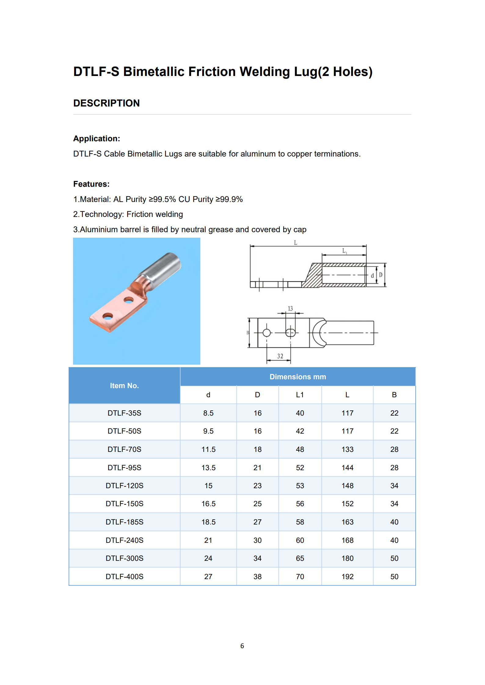 DTLF-S Square Head Double Holes Bimetal Cable Lugs detail 1